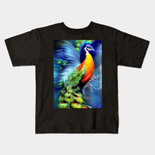 BLUE BACKGROUND STUNNING AND BEAUTIFUL PEACOCK Kids T-Shirt